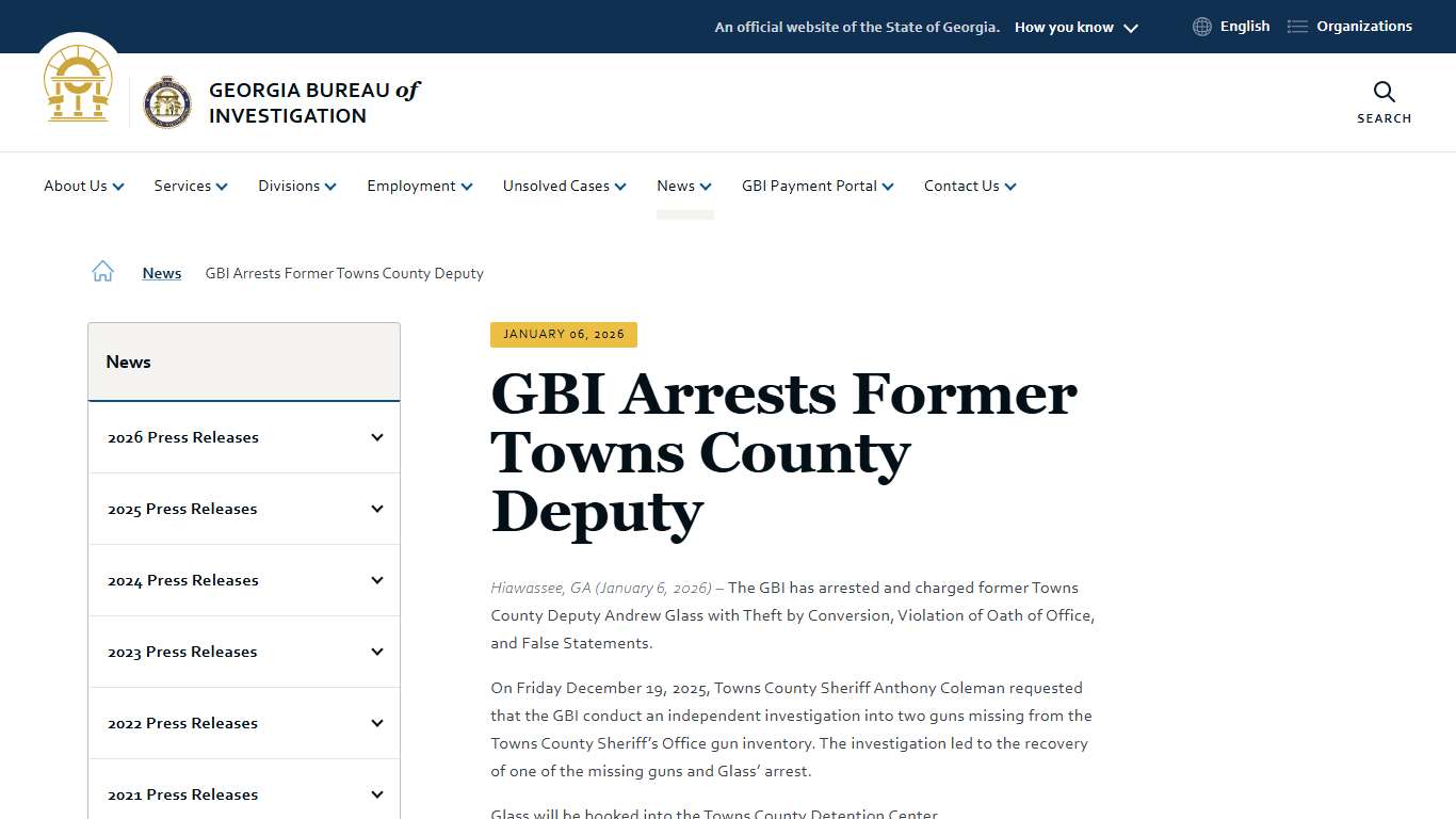 GBI Arrests Former Towns County Deputy | Georgia Bureau of Investigation